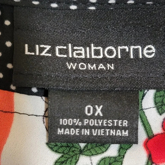 LIZ Claiborne Dolman Black Polka Dot‎ Floral Panel Flowy Chiffon Blouse Top OX - Picture 6 of 6